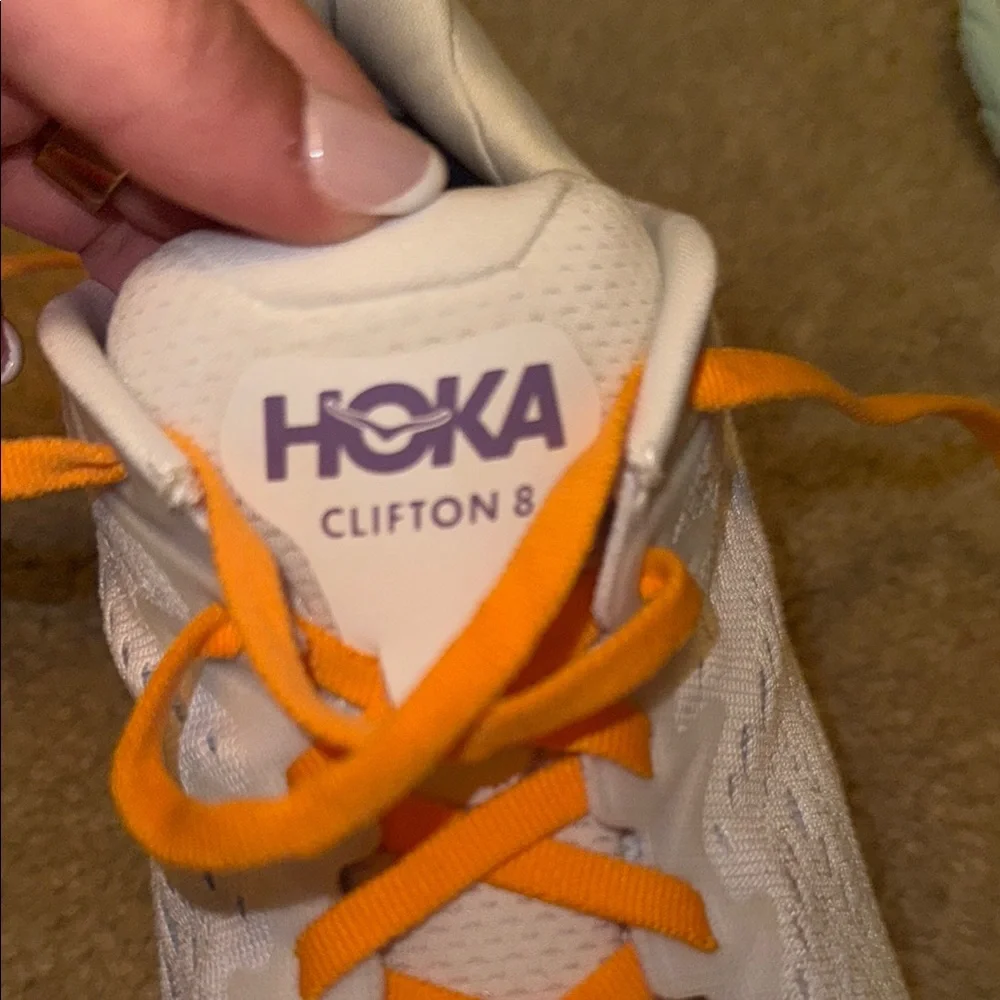 Hoka Clifton 8 Women's White, Blue, & Orange Running Shoes - Picture 3 of 4